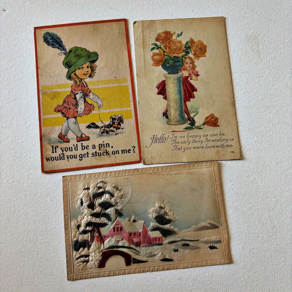 Vtg Post Cards 1900s Greeting Cards Embossed Velveteen Valentines Junk Journal